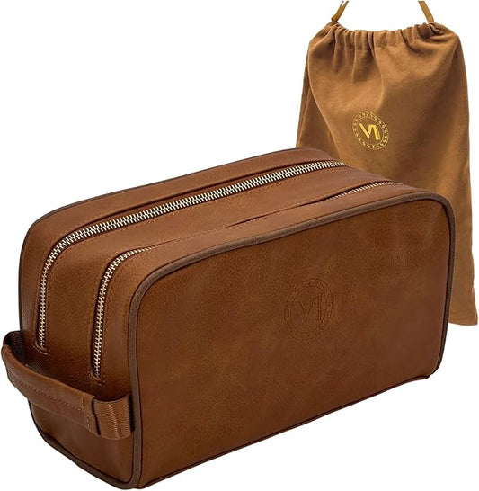 Dopp Gift Large Travel Toiletry Bag Premium Quality PU Leather Two compartments YKK Zippers Water-resistant Bottom Studs Mesh Pockets Durable Cosmetic Organizer CARAMEL LIGHT BROWN