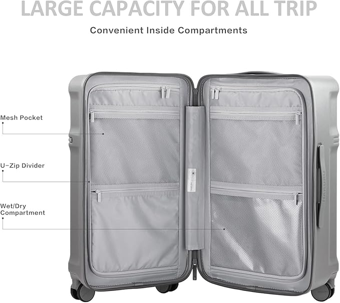 20 Inch Hardside Carry-On Luggage with Spinner Wheels, TSA Lock, Double Zippers, Thick PC Shell, Lightweight Travel Suitcase for Business, Weekend, and International Trips(Grey)