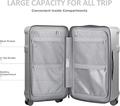 20 Inch Hardside Carry-On Luggage with Spinner Wheels, TSA Lock, Double Zippers, Thick PC Shell, Lightweight Travel Suitcase for Business, Weekend, and International Trips(Grey)