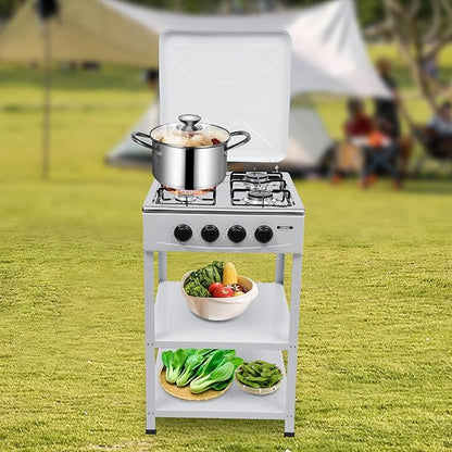 Natural Gas Stove, 4 Burner, Auto Ignition Portable Gas Stove with Support Leg Stand and Wind Blocking Cover Adapter for Rv Apartment Outdoor Cooking (White)
