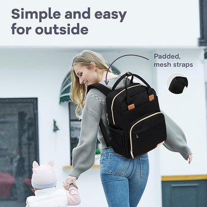 RUVALINO Diaper Bag Backpack, Multifunction Travel Pack Maternity Baby Changing Bags, Large Capacity, Waterproof, Deep Black, Polyester
