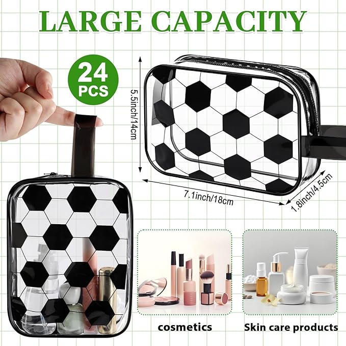 24 PCS Soccer Cosmetic Bags Soccer Gift Accessories Bags Goodie Snack Makeup Pouch Bag Waterproof Clear PVC Travel Bag with Zipper for Girls Valentine Team Gifts Player Sport Party Favors