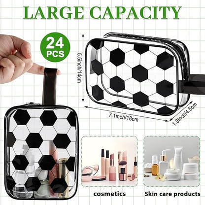 24 PCS Soccer Cosmetic Bags Soccer Gift Accessories Bags Goodie Snack Makeup Pouch Bag Waterproof Clear PVC Travel Bag with Zipper for Girls Valentine Team Gifts Player Sport Party Favors
