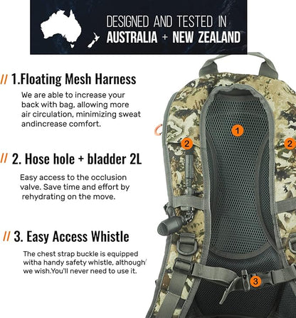 SPIKA Hunting Backpacks for Men, 25L Camo Hunting Day Pack with Water Bladder, Removable Waist Belt, Rifle Holder, Internal Ammo Storage and Rain Cover