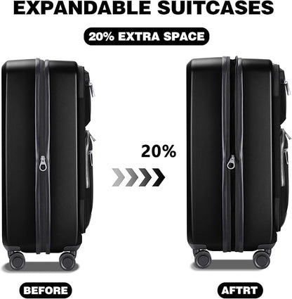 Luggage Sets 2 Piece, Carry On Luggage with Front Pocket & USB Port and 28 Inch Expandable Checked Luggage, Hybrid Soft Front & Hard Shell Suitcases with Spinner Wheels & TSA Lock, Black