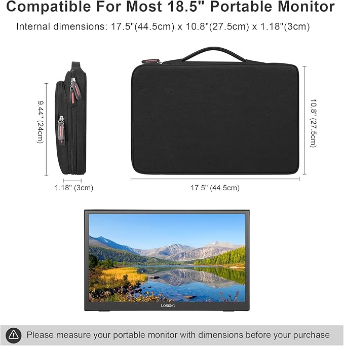 18.5 Inch Portable Monitor Case, 18.5 inch Laptop Protective Carrying Cover with PU Handle, Large Accessory Pocket and Water Resistant for Travel Monitor Bag Display Screen Sleeve, Black