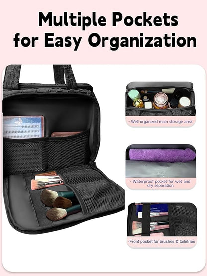 SMONT Travel Toiletry Bag for Women Hanging Makeup Organizer Toiletry Bag Essentials for Women Makeup Bag/Big Compartment, Waterproof,with Multiple Pockets, Ideal for Travel, Gym, School, Black