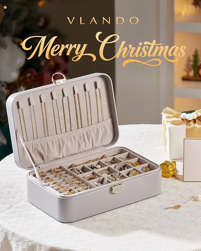 Vlando Jewelry Boxes for Women,2 Layers Jewelry Box with Lock,Birthday Gifts for Women Girls,Jewelry Organizers for Earrings Necklace,Rings Storage Grey