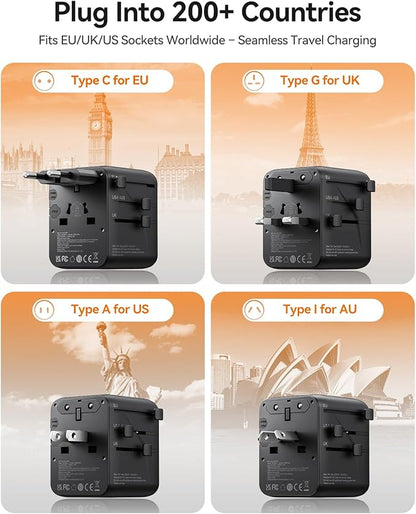 ORICO Universal Travel Adapter with 2 AC 2 USB-C and 1 USB-A Socket, PD 20W International Power Adapter, Worldwide Travel Essentials Wall Charger for USA EU UK AUS JP and Over 200 Countries
