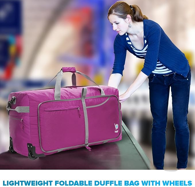 Bago Rolling Duffle Bag with Wheels - 30" 100L Foldable Weekender Bag, Waterproof Travel Duffel Bag, Heavy Duty Lightweight Duffle Bag for Traveling, Rolling Duffel Bag with Wheels (Pink2023)