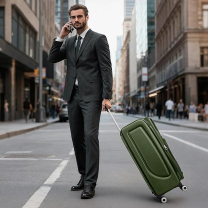 24'' Softside Expandable 15% Rolling Luggage with Double Spinner Wheels & w/LOCK,Lightweight Travel Luggage for Men Women（Green-Grey,24in）