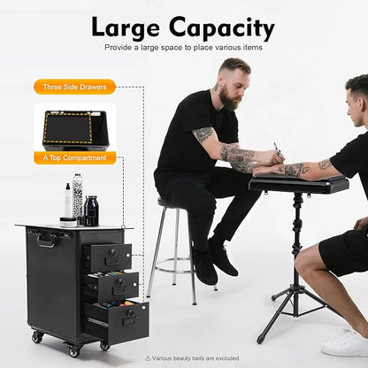 Rolling Makeup Train Case with Tattoo Armrest Stand, Tattoo Travel Case with 3 Drawers & Wheels, Portable Tattoo Station with Acrylic Panel for Makeup Artists, Estheticians & Crafters