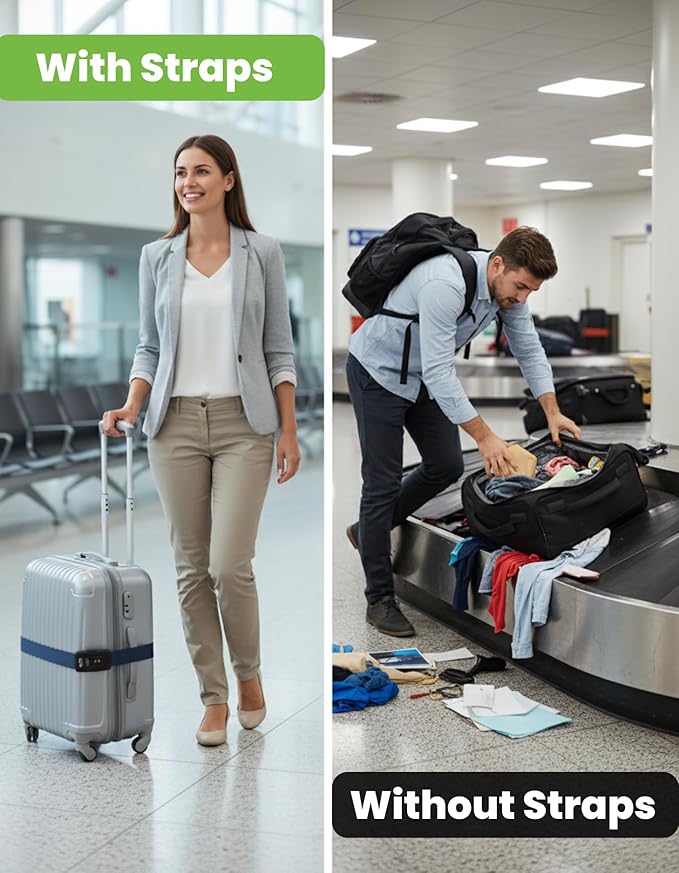 TSA Approved Luggage Straps – Set of 2 Anti-Burst Adjustable Polyester Suitcase Belts with 3-Dial Combination Lock – Prevents Accidental Opening, Secure Travel (Navy)