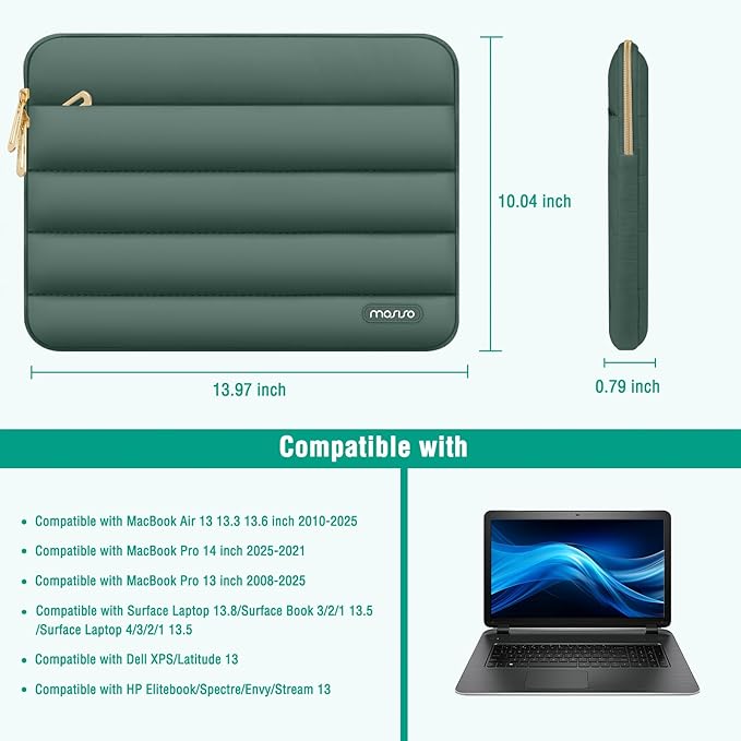 MOSISO 13.3 inch Laptop Case, 13-13.3 inch Puffy Laptop Sleeve Compatible with MacBook Air 13 13.6 M4 M3 M2 M1/Pro 13/Pro 14, HP Dell ASUS Lenovo,Polyester Horizontal Bag with Small Case,Emerald Green