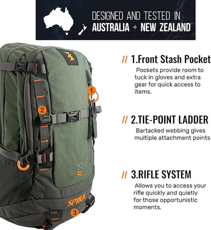 SPIKA Hunting Backpacks for Men, 25L Green Hunting Day Pack with Water Bladder, Removable Waist Belt, Rifle Holder, Internal Ammo Storage and Rain Cover