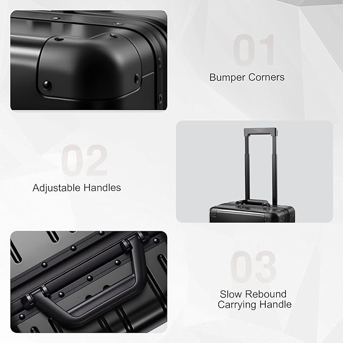 All Aluminum Carry On Luggage 22x14x9 Airline Approved，Zipperless Luggage Premium Aluminum Suitcase Luggage, Hard Shell Carry On Luggage with Spinner Wheels (black, 20inch)
