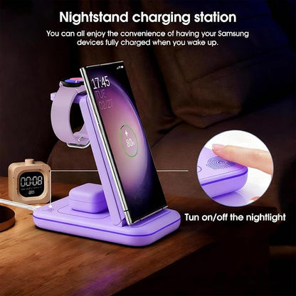 Wireless Charging Station for Samsung/Android, Fast Wireless Watch Charger Station Compatible for Samsung Galaxy S25 Ultra/S24/S23+/Z Flip 7/6 Fold 7/6, Watch8/7/Pro/Active 2 Galaxy Buds3/2 Pro(Purple