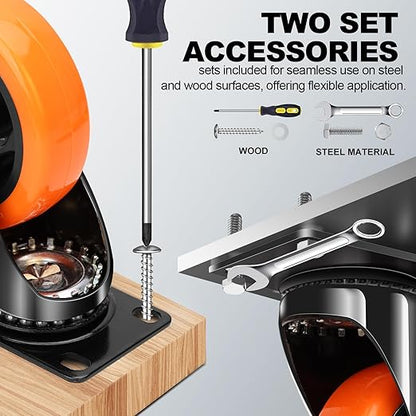 MSH&HCE 5-Inch Orange Heavy Duty Caster Wheels (Set of 4) - 2600Lbs Total Capacity, Polyurethane (PU) Wheels, Quiet Swivel Casters for Carts, Furniture & Workbenches (Two Hardware Included) ﻿