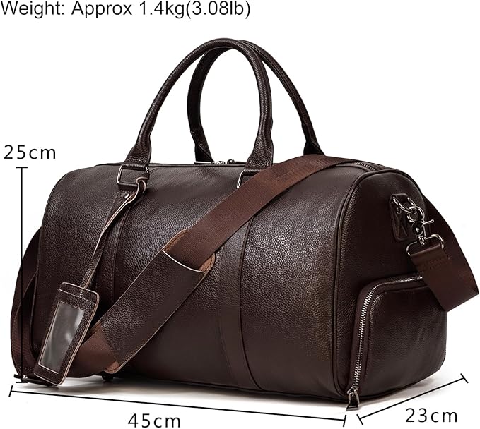 Leather Travel Bag for Men Large Capacity Luggage Duffel Bag with Shoe Compartment, Weekend Handbag for Holiday Business Trip 45cm, Brown