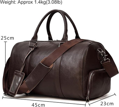 Leather Travel Bag for Men Large Capacity Luggage Duffel Bag with Shoe Compartment, Weekend Handbag for Holiday Business Trip 45cm, Brown