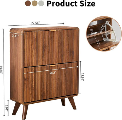 RARZOE Fluted Shoe Storage Cabinet with 2 Flip Drawers, Narrow Curved Shoe Cabinet for Entryway, Freestanding Wood Hidden Shoe Organizer Closed Shoe Rack Cabinet for Foyer, Hallway (27.5''Walnut)