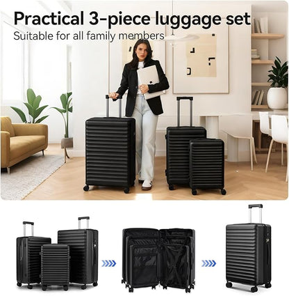 Travel Suitcase Sets 3 Piece, Expandable Hardshell Luggage Sets 3pcs with TSA Lock Spinner Wheels, Black (20''/24''/28")