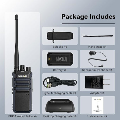 Retevis RT86A Walkie Talkies Long Range, Heavy Duty Two Way Radio with Mic, GMRS 2 Way Radio, Group Call, Easy Pairing, for Construction Industry(4 Pack)