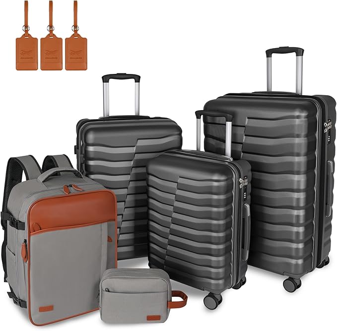 5-Piece Lightweight Luggage with Backpack Sets, ABS+PC Hard Shell Suitcase with TSA Lock & YKK Zipper (Grey, 20in/24in/28in/BP/TB)