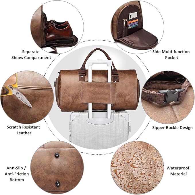 BOLOSTA Carry on Garment Bags for Travel Leather Garment Duffle Bag Convertible Mens Suit Travel Bags with Shoe Compartment,Waterproof,Perfect for Business Travel/Husband Gifts (Brown)