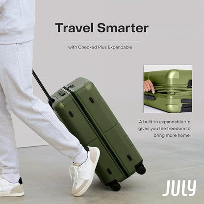 Checked Plus Expandable - 28.75" Airline Approved Check In Luggage with Wheels, Rolling Suitcase for Men & Women - TSA Lock, Silent Spinner Wheels, Expansion Zip, Y-Strap - Moss