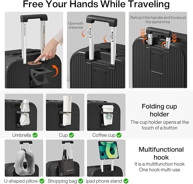 mixi Checked Luggage with Cup Phone Holder Hard Shell Rolling Travel Suitcases with Spinner Wheels,26 Inch Black