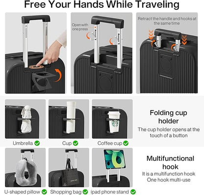 mixi Checked Luggage with Cup Phone Holder Hard Shell Rolling Travel Suitcases with Spinner Wheels,26 Inch Black