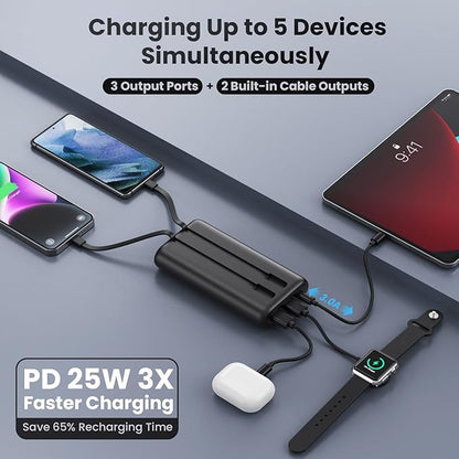 Upgraded Portable Charger 40800mAh Power Bank - Portable Battery with 2 Built in Cables,PD 25W USB C Fast Charging Battery Pack Compatible with iPhone 17 16 15 14 13 Android Phone etc-Black