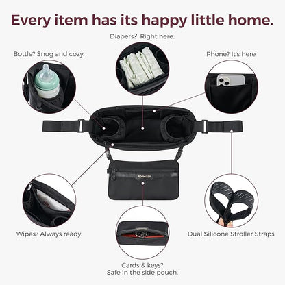 Momcozy Universal Stroller Organizer | Minimalist Caddy with 2 Insulated Bottle Holder | Silicone Anti-Slip Straps | Detachable Mini Pouch | Durable Dense-Weave, Fits for UPPAbaby/Doona & More