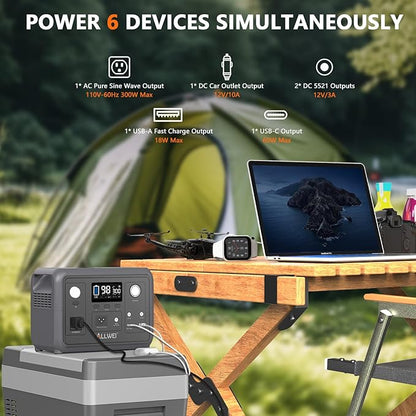 ALLWEI Portable Power Station 300W (Peak 600W) Upgraded, 256Wh LiFePO4 Battery Bank Solar-Generator with 6 Output Ports, Backup Power Supply for Camping Travel Blackout Home Use (Solar Panel Optional)
