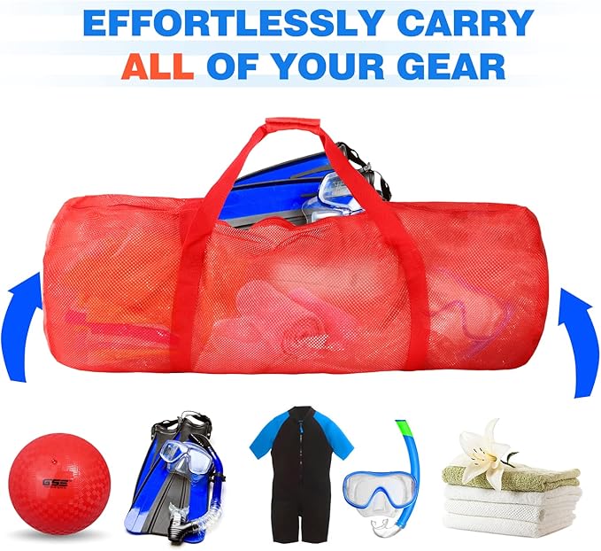 Red Heavy-Duty Large Mesh Sports Duffle Bag, Dry Bag, Diving Equipment Scuba Bag with Zipper. Great for Gym Workout, Sport Balls Storage, Scuba Gear, Snorkeling, Water Sports and Travel