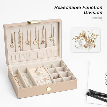 Leather Jewelry Box Elegant Small Jewelry Chest for Women Gift Box for Necklace, Ring, Earring Storage Portable Design for Travel Home Use Apricot