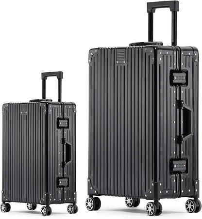 Metal All Aluminum Carry-on Luggage TSA Customs Lock Zipperless Silent Rotary Wheel Business Suitcase Aluminum Frame Set (black, 2Piece(20/28))