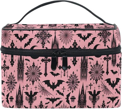 MNSRUU Makeup Bags, Black Gothic Moon Spider Webs and Bats Makeup Organizer Bags Toiletry Bag Box Travel Cosmetic Bag Make Up Train Case for Women Teen Girl Ladies