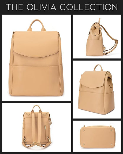 MIA + SOPHIA Leather Diaper Bag Backpack with USB Charging port, Changing Pad, Stroller Straps (Brown Olivia)