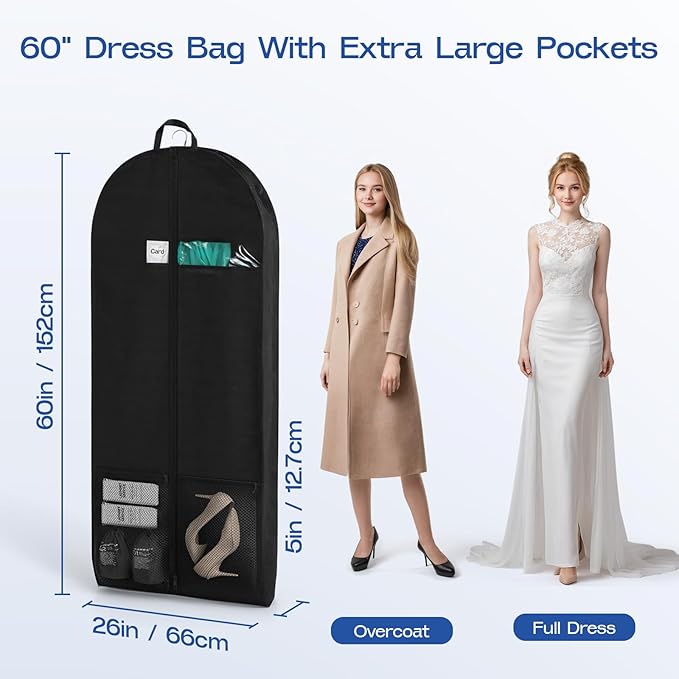2 Pack Heavy Duty Garment Bags for Travel Suit Bags, Dress Bags, Garment Bags for Hanging Clothes with Pockets Men's Suit Holder for Shirts, Coats, Dresses (Black, 2Pack 60")
