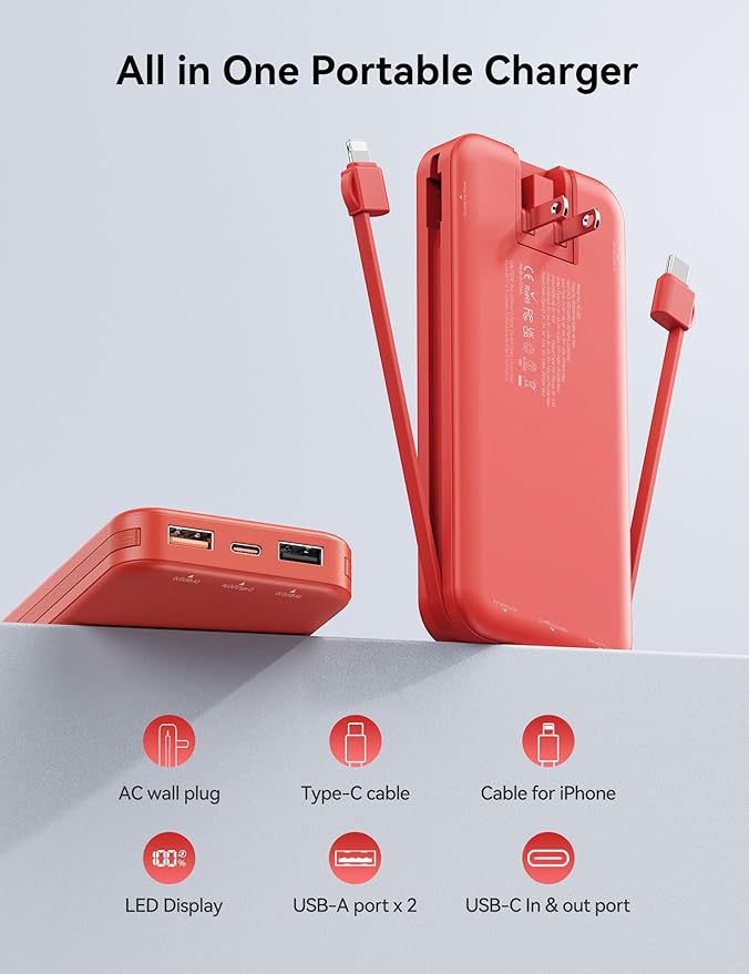 12000mAh Ultra-Portable-Charger-Power-Bank with Built in Cables&AC Wall Plug,PD20W USB-C Fast Charging Cell Phone Charger Battery Pack,LED Display Travel Battery Bank for All iPhone,Samsung,Android