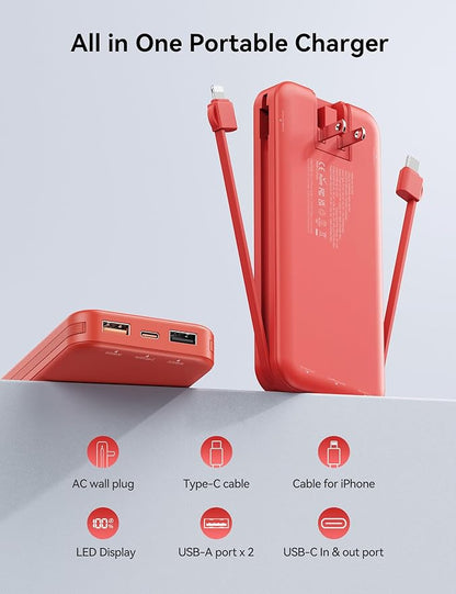 12000mAh Ultra-Portable-Charger-Power-Bank with Built in Cables&AC Wall Plug,PD20W USB-C Fast Charging Cell Phone Charger Battery Pack,LED Display Travel Battery Bank for All iPhone,Samsung,Android