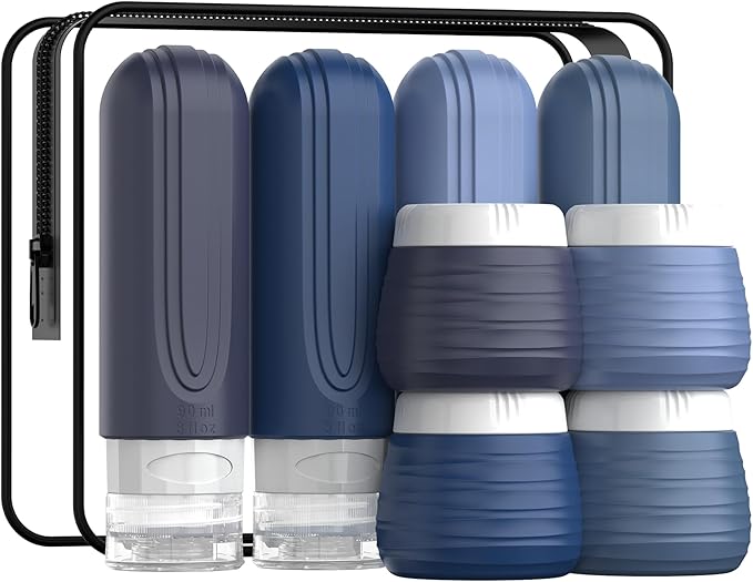 Travel Bottles for Toiletries 8 Pack, TSA Approved Travel Size Toiletries Containers Set, 4 Silicone Leak Proof Refillable Bottles and 4 Creams Jars Accessories Kit W/Clear Bag (BLUE)