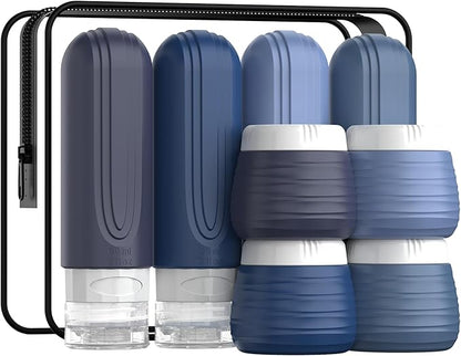 Travel Bottles for Toiletries 8 Pack, TSA Approved Travel Size Toiletries Containers Set, 4 Silicone Leak Proof Refillable Bottles and 4 Creams Jars Accessories Kit W/Clear Bag (BLUE)