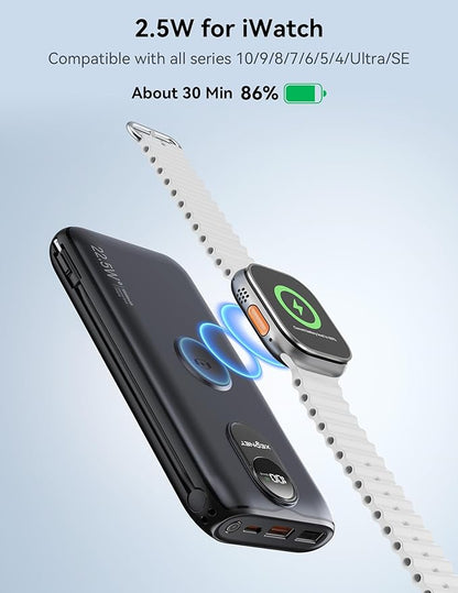 Portable Charger, 10000mAh 22.5W Fast Charging Power Bank with Built in Cable & Wall Plug, Travel Essential Battery Pack with LED Display, External Charger for iPhone 17/16, iWatch 11/10/9/8/Ultra/SE