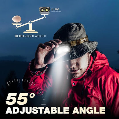 Mossy Oak 600 Lumens Rechargeable Headlamp, Lightweight LED Headlight with White & Red Light, Waterproof Head Lamp with Non-Slip Band, Dimmable & Memory Function for Camping, Running, Christmas Gifts