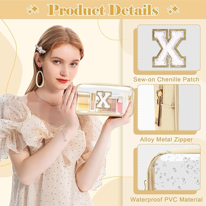 Personalized Initial Letter Clear Makeup Bag,Preppy Small Nylon&PVC Cosmetic Zipper Bag with Chenille Letter,Portable Beach Travel Skincare Toiletry Bag,Trendy Monogram Gift for Teen Girls Women,X