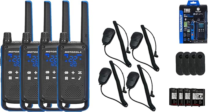 Motorola Solutions, Talkabout T802, Portable FRS Two Way Radio 4 Pack Walkie Talkies Blue/Black 22 Channels Bluetooth Capable Rechargeable 4 Remote Speaker Mics