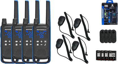 Motorola Solutions, Talkabout T802, Portable FRS Two Way Radio 4 Pack Walkie Talkies Blue/Black 22 Channels Bluetooth Capable Rechargeable 4 Remote Speaker Mics